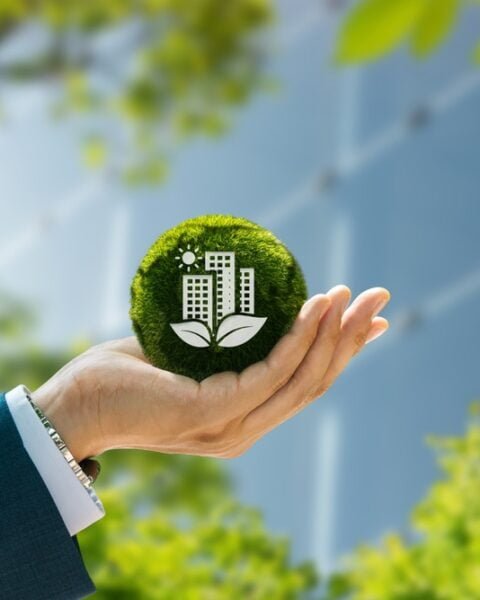 A businessman presents a green building concept, highlighting sustainable construction with a modern city skyline behind him.