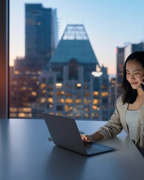 A woman seated at a table, engaged in a phone conversation while working on her laptop.