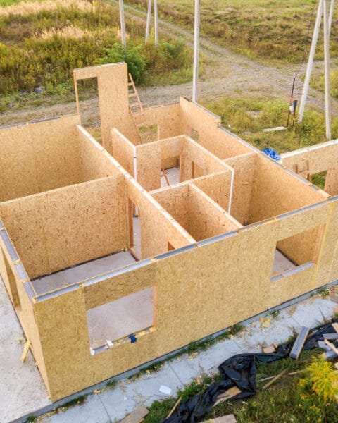 Aerial view of a partially constructed modular house with wooden particle board walls, showing the rise of Modular Construction Thailand.