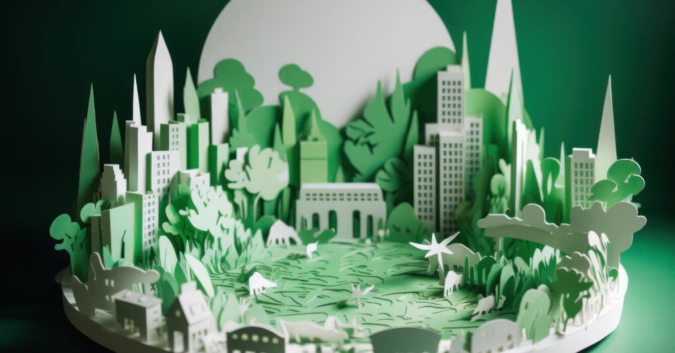 A three-dimensional paper art diorama of a green urban park surrounded by buildings, symbolising Thailand’s Green Building Movement.