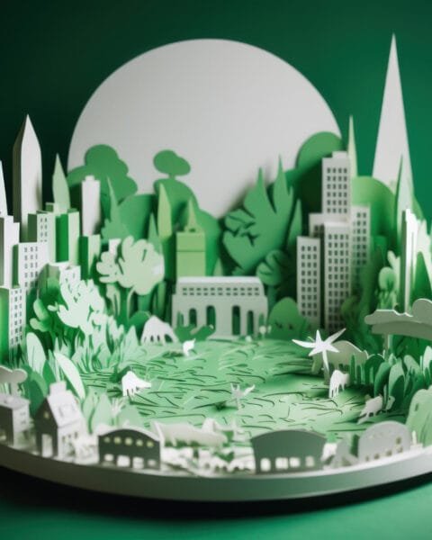 A three-dimensional paper art diorama of a green urban park surrounded by buildings, symbolising Thailand’s Green Building Movement.