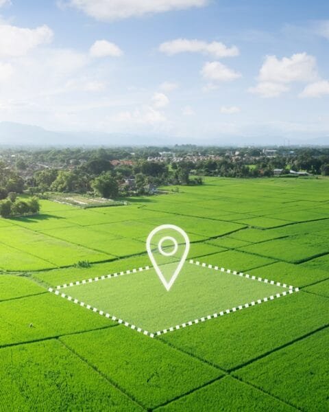 Aerial view of lush green rice paddies with a location pin graphic overlay, symbolising Thailand Infrastructure Investment.