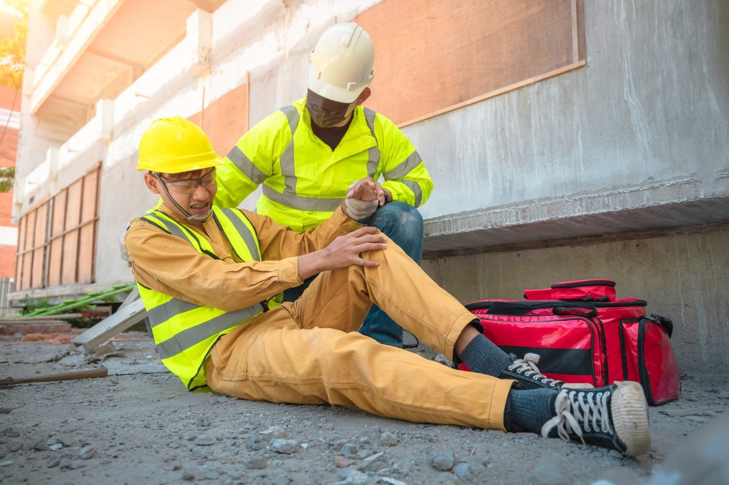 Thailand Construction Safety Standards: Two construction workers in safety gear with a first aid kit on site.