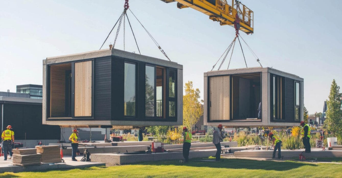 Thailand Modular Construction Trends: Modular homes being lifted by a crane at a construction site with workers overseeing.