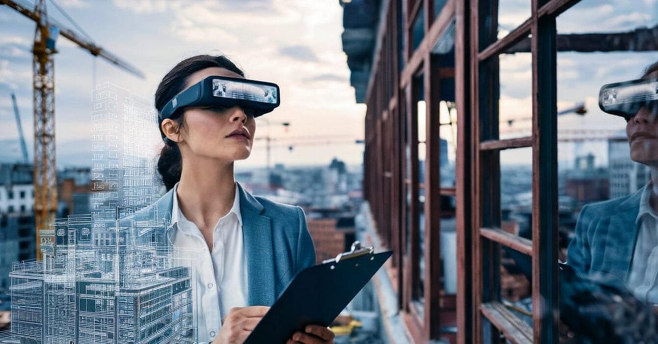 Thailand Technology Integration represented by a woman with clipboard and augmented reality projection of building on construction site.